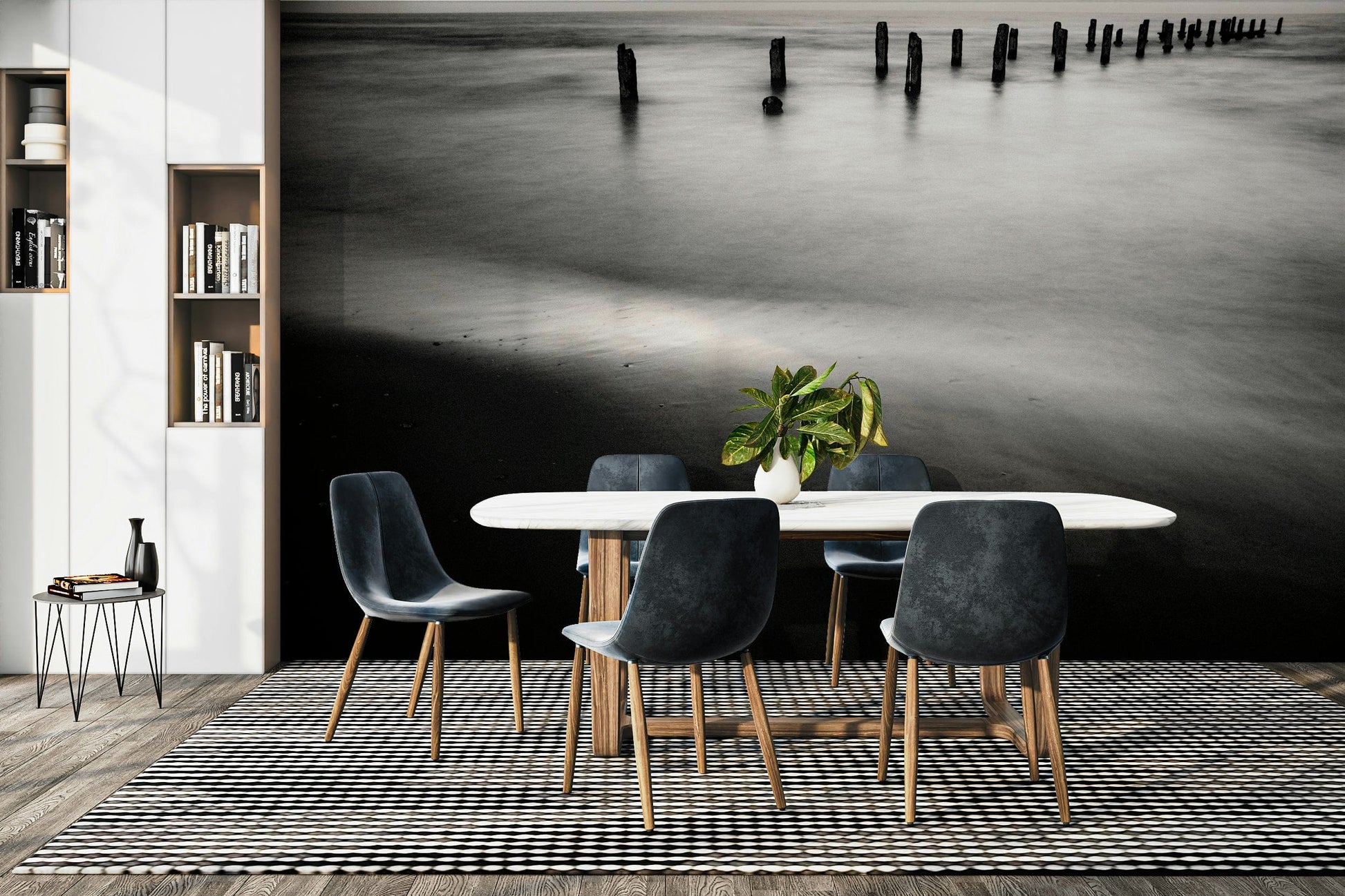 A peaceful seaside view mural on decorative wallpaper.

