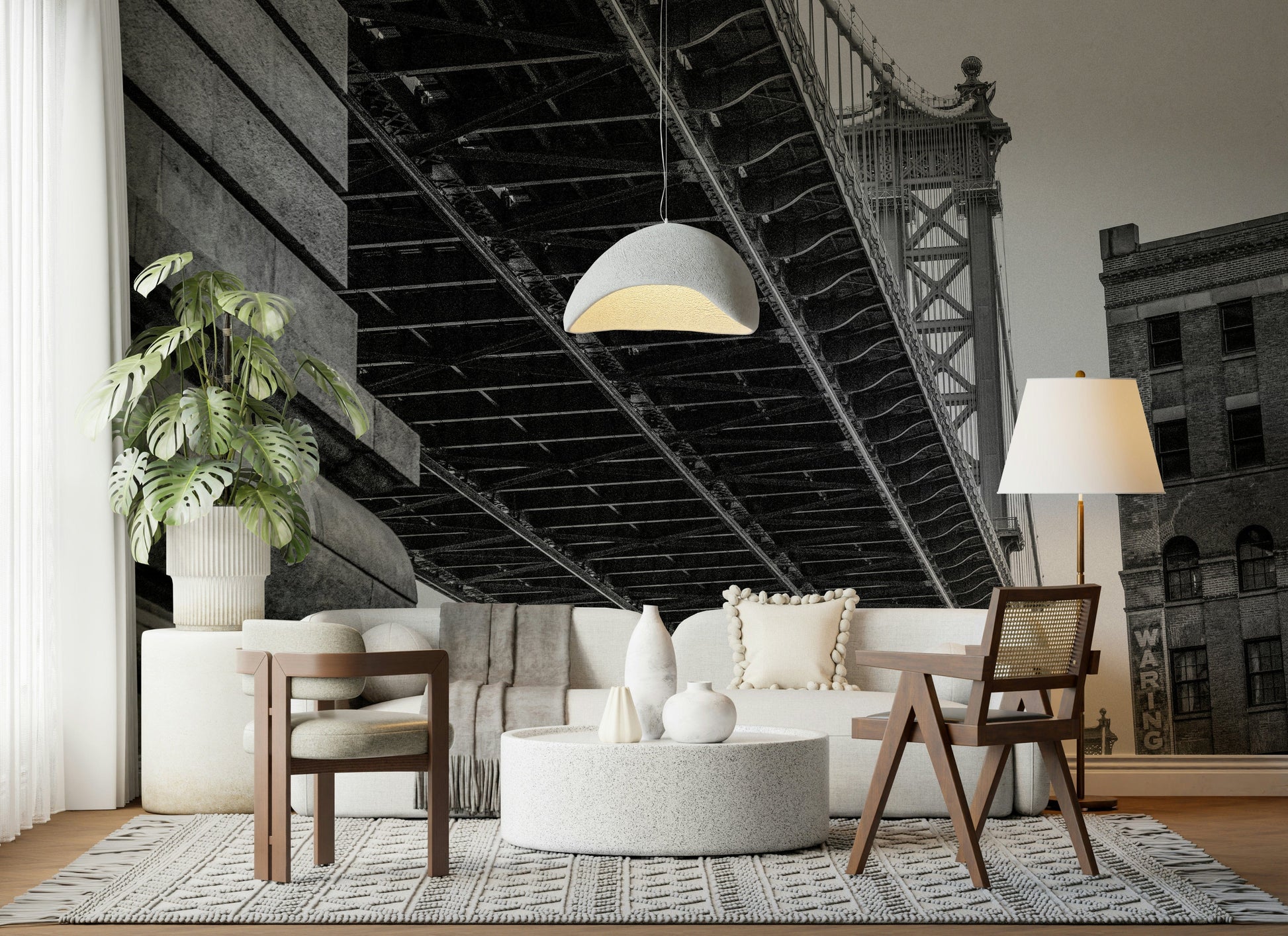 Modern City Bridge Wall Mural – Detailed monochrome mural featuring urban bridge geometry and perspective.