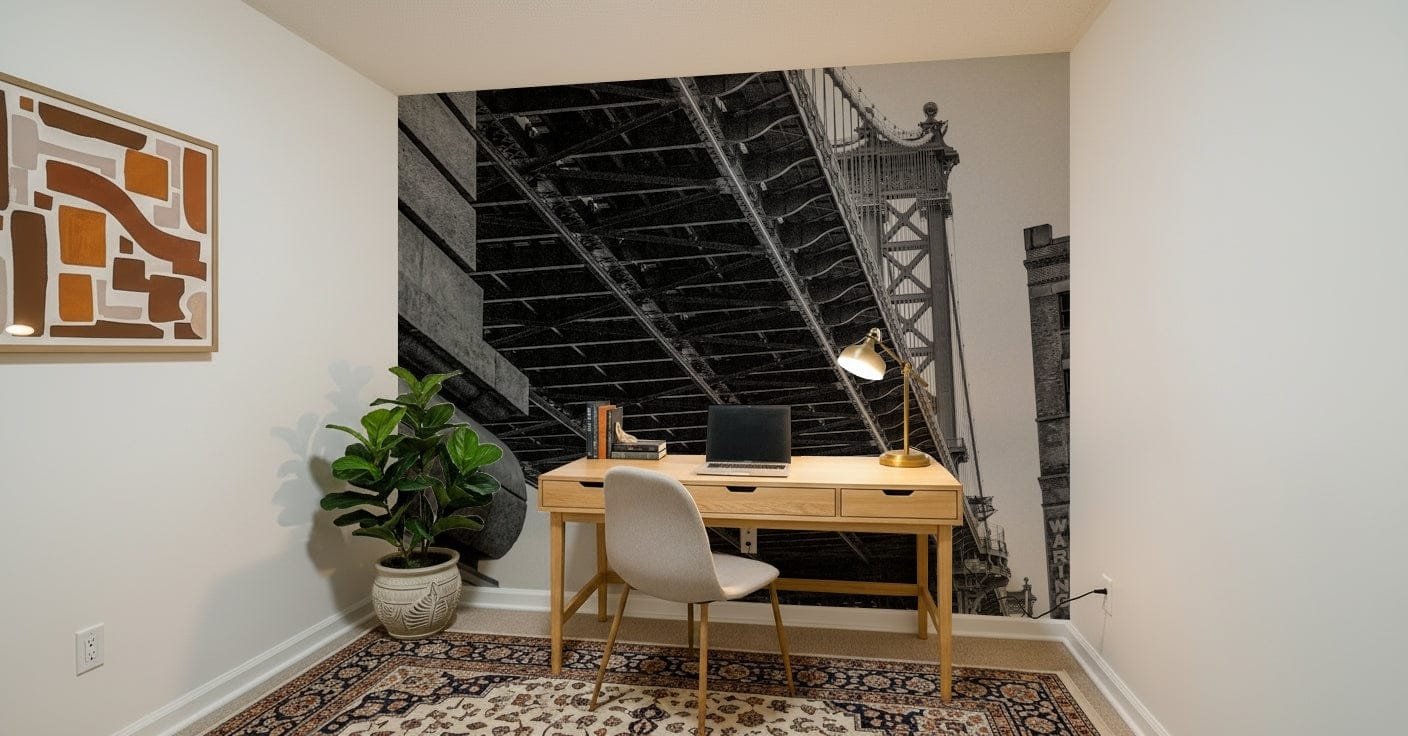 Urban Minimalist Bridge Wall Mural – Sleek black and white mural with architectural focus on bridge arches.