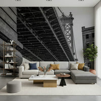 Black & White Cityscape Wall Mural – Dramatic city bridge in monochrome creating a bold statement wall.