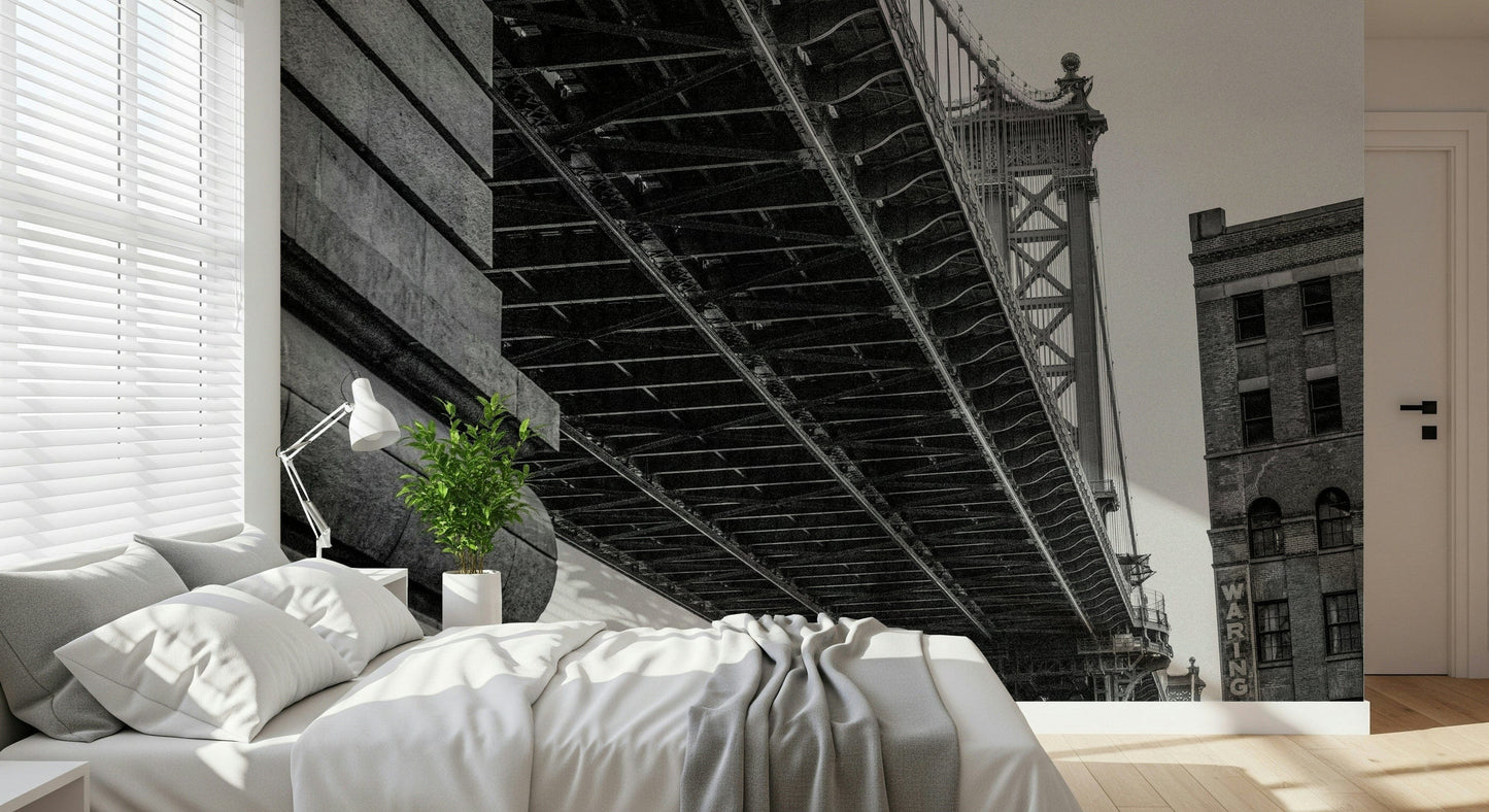 Monochrome Urban Wall Mural – Black and white city bridge mural emphasizing geometry and perspective.