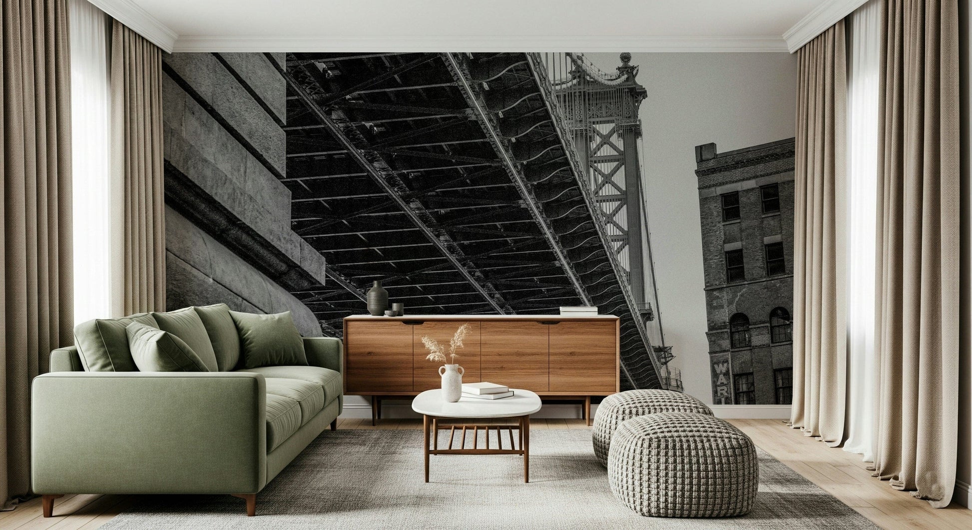 Black and White Bridge Wall Mural – Minimalist cityscape mural featuring a bold bridge design in monochrome tones.