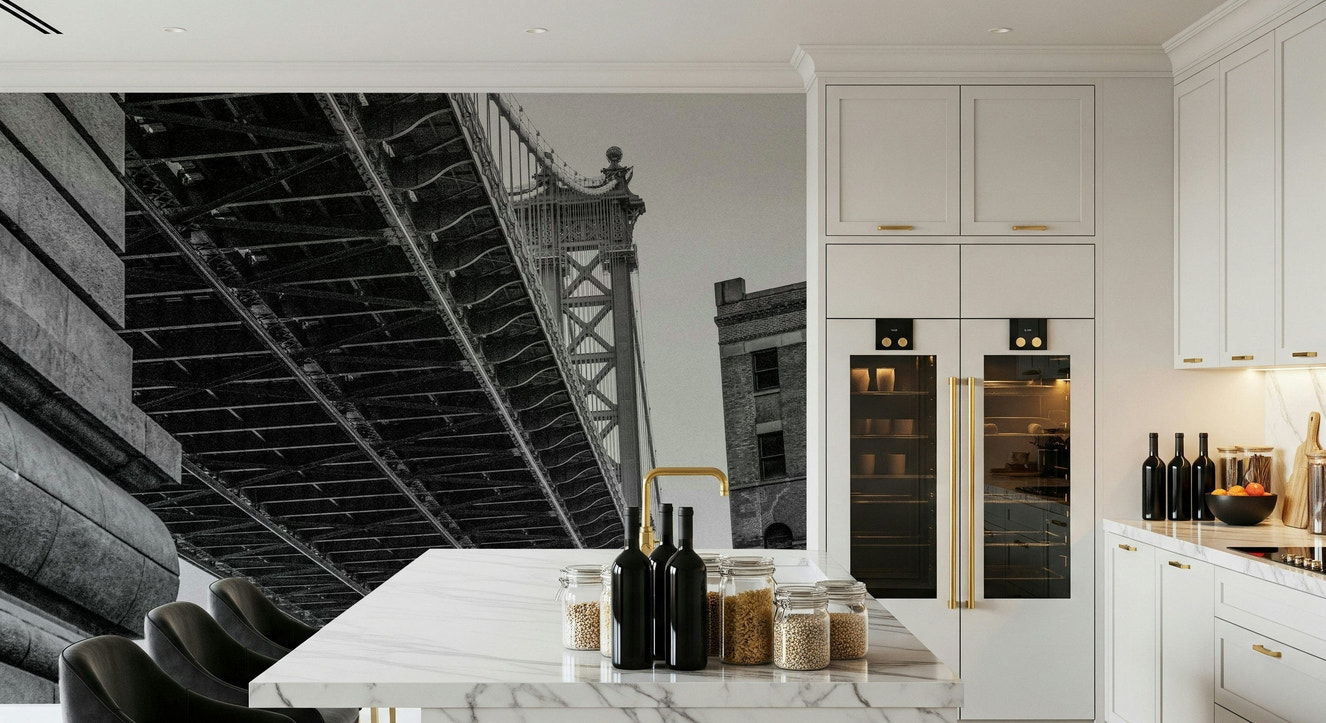 Urban Arch: Black & White Bridge Wall Mural – Striking mural of a modern bridge in black and white, emphasizing urban architectural lines.