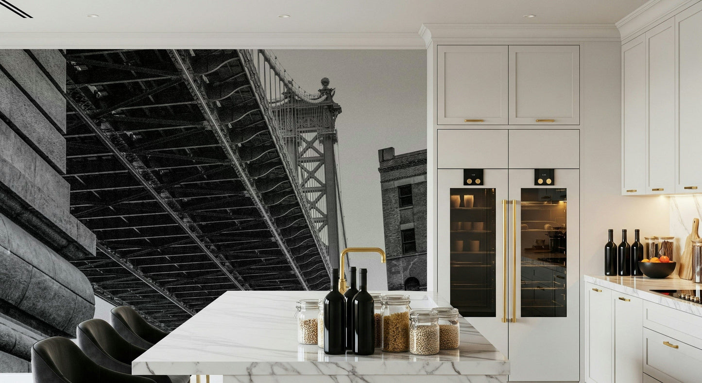 Urban Arch: Black & White Bridge Wall Mural – Striking mural of a modern bridge in black and white, emphasizing urban architectural lines.
