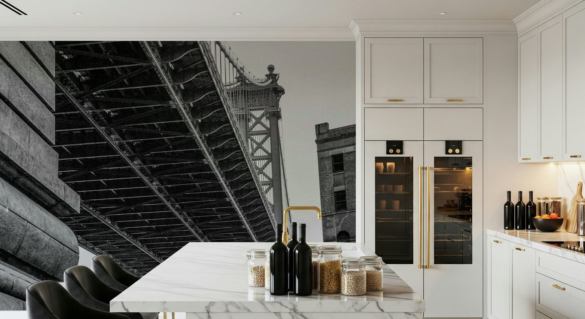 Urban Arch: Black & White Bridge Wall Mural – Striking mural of a modern bridge in black and white, emphasizing urban architectural lines.