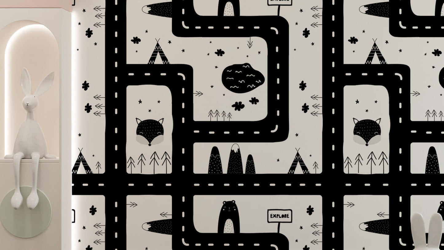 Monochrome city road pattern wallpaper mural.