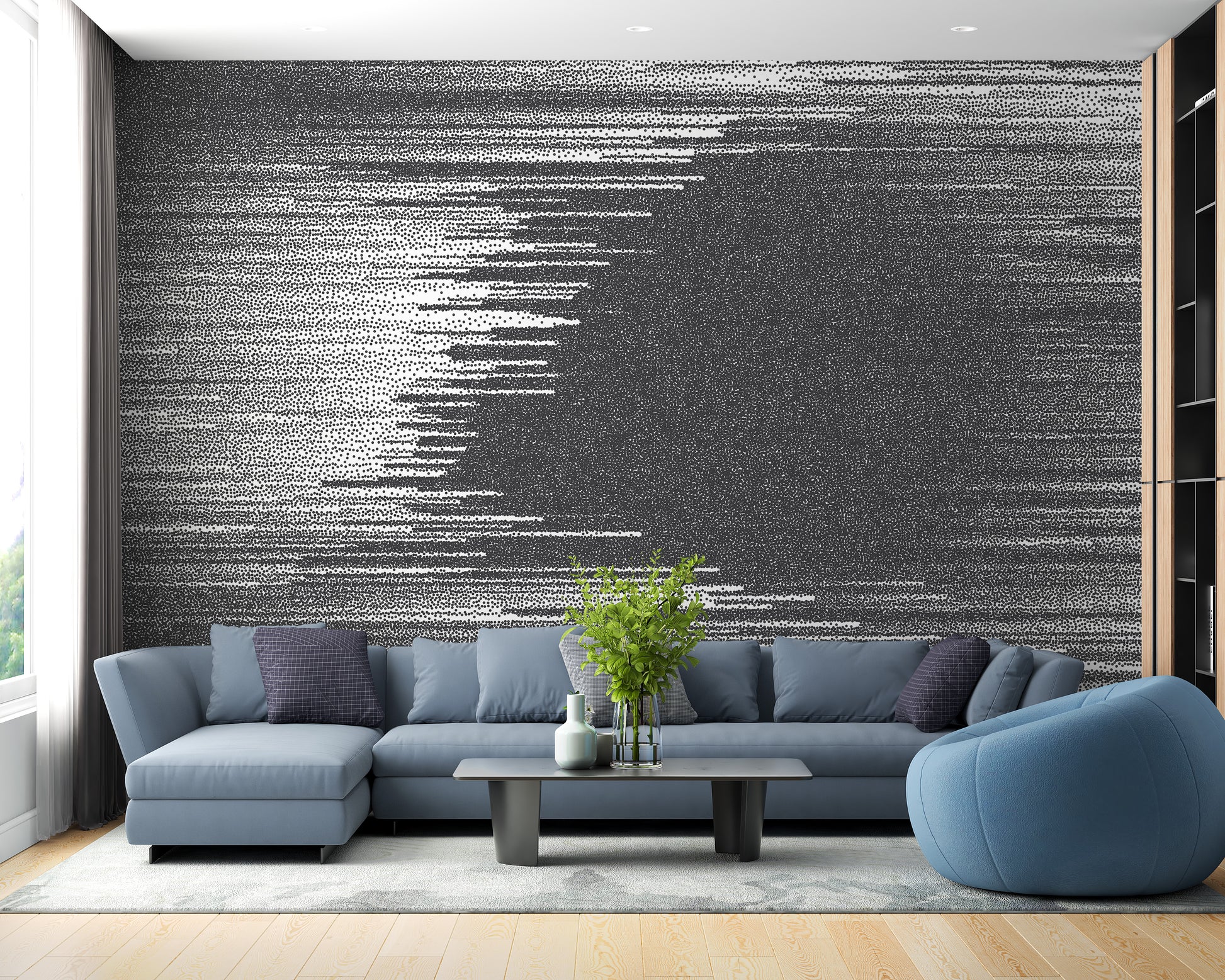Black and white glitch abstract wall art mural