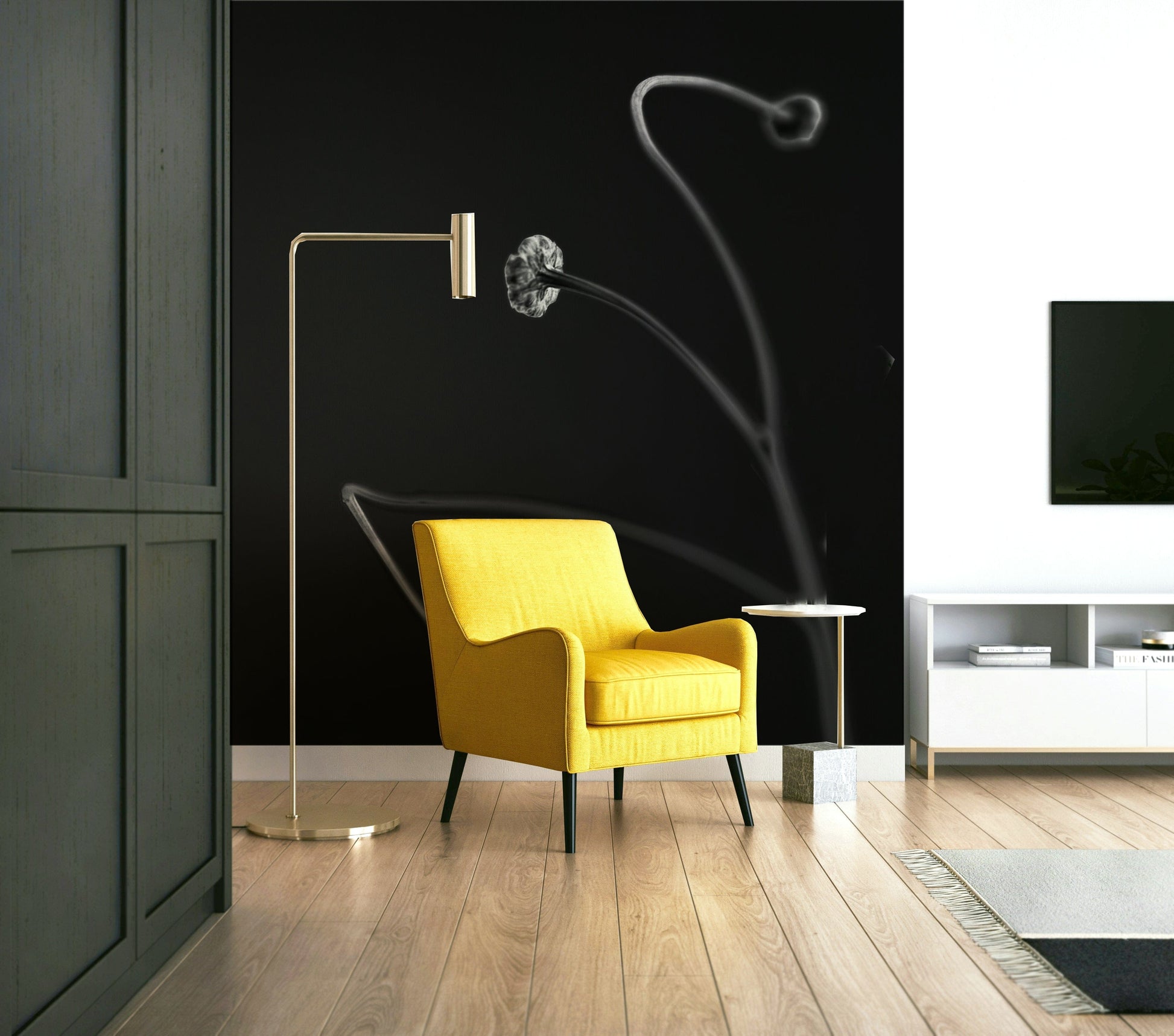 A high-angle view of the wall mural in a large space.

