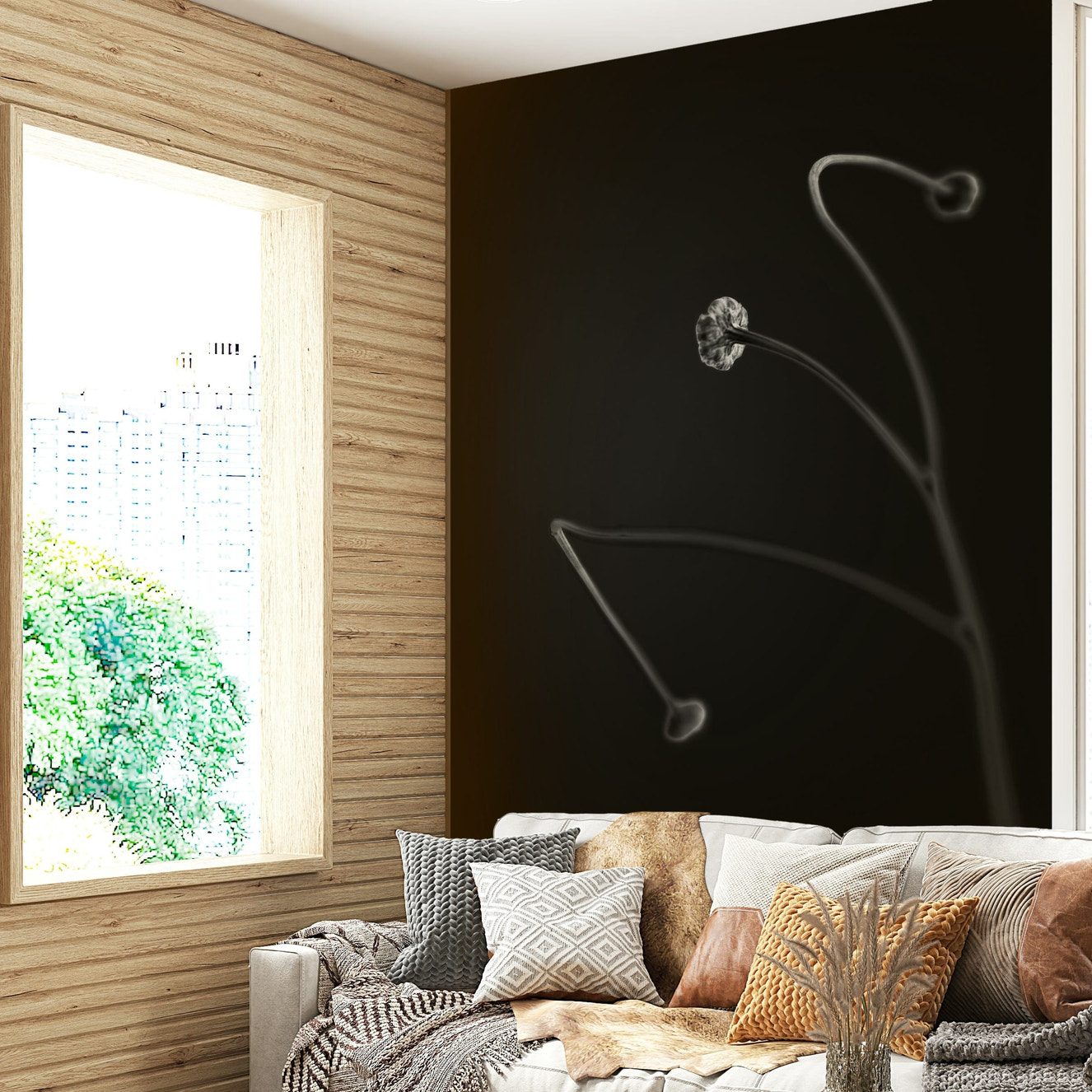 The wallpaper is used as a feature wall in a bedroom.

