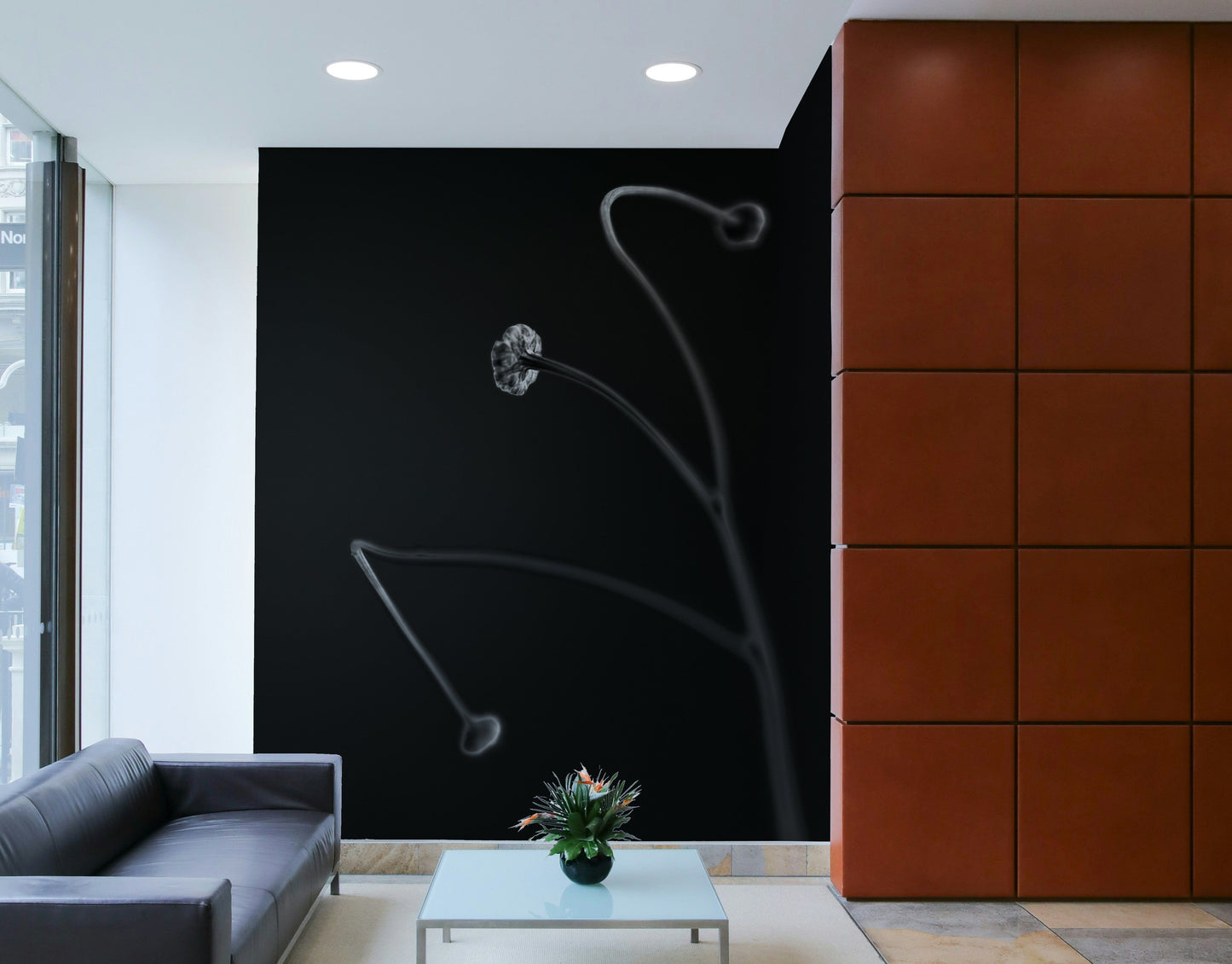 A living room featuring the abstract botanical wall mural.

