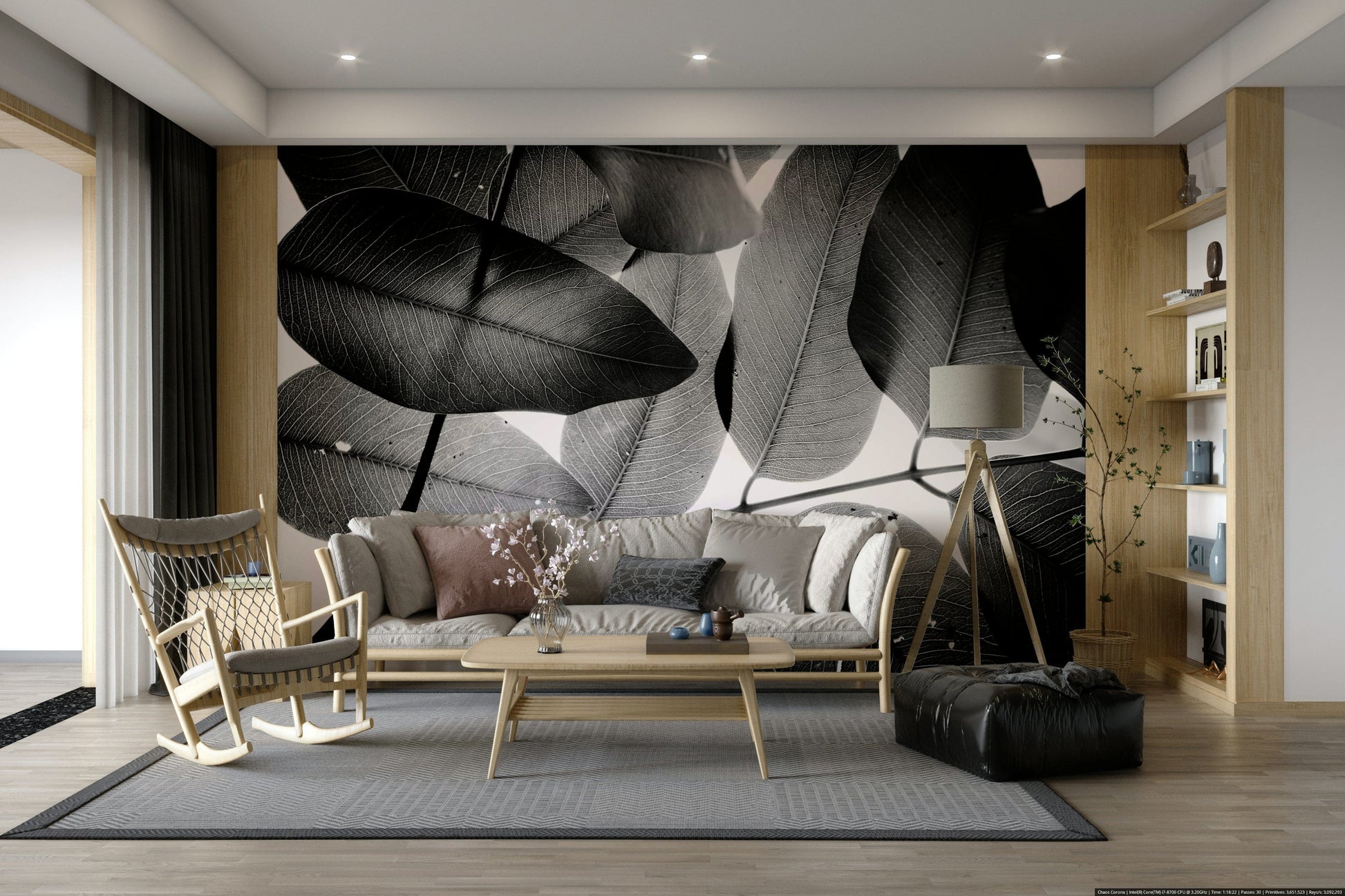 An artistic natural motif mural on minimalist wallpaper.

