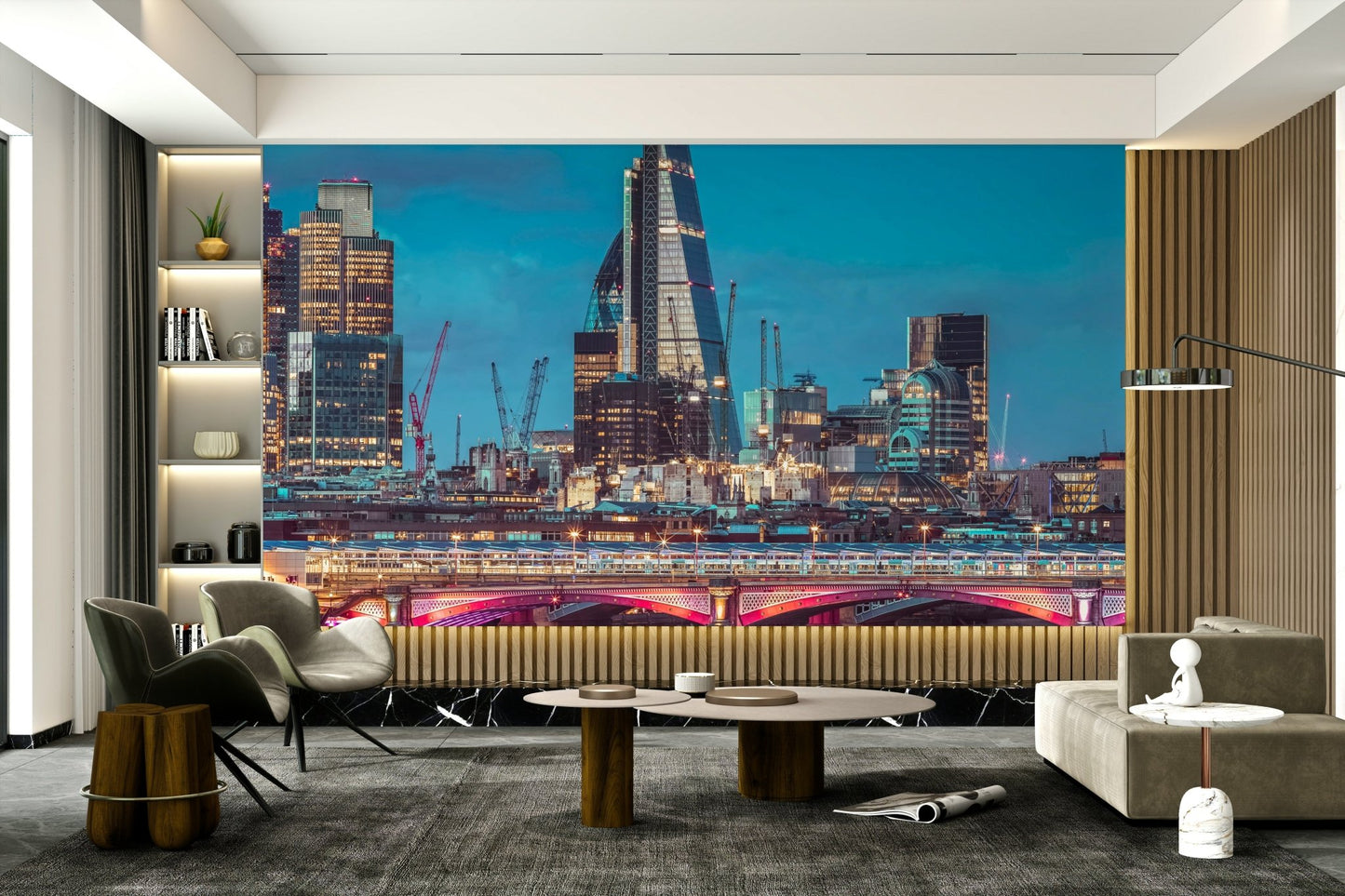 Nighttime cityscape mural for a sophisticated office feature wall
