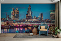 Close-up of city lights and bridge architecture on a wall mural

