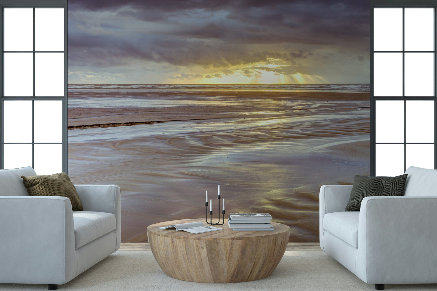 Reflective wet sand Blackpool beach Sunset mural intense sky colors