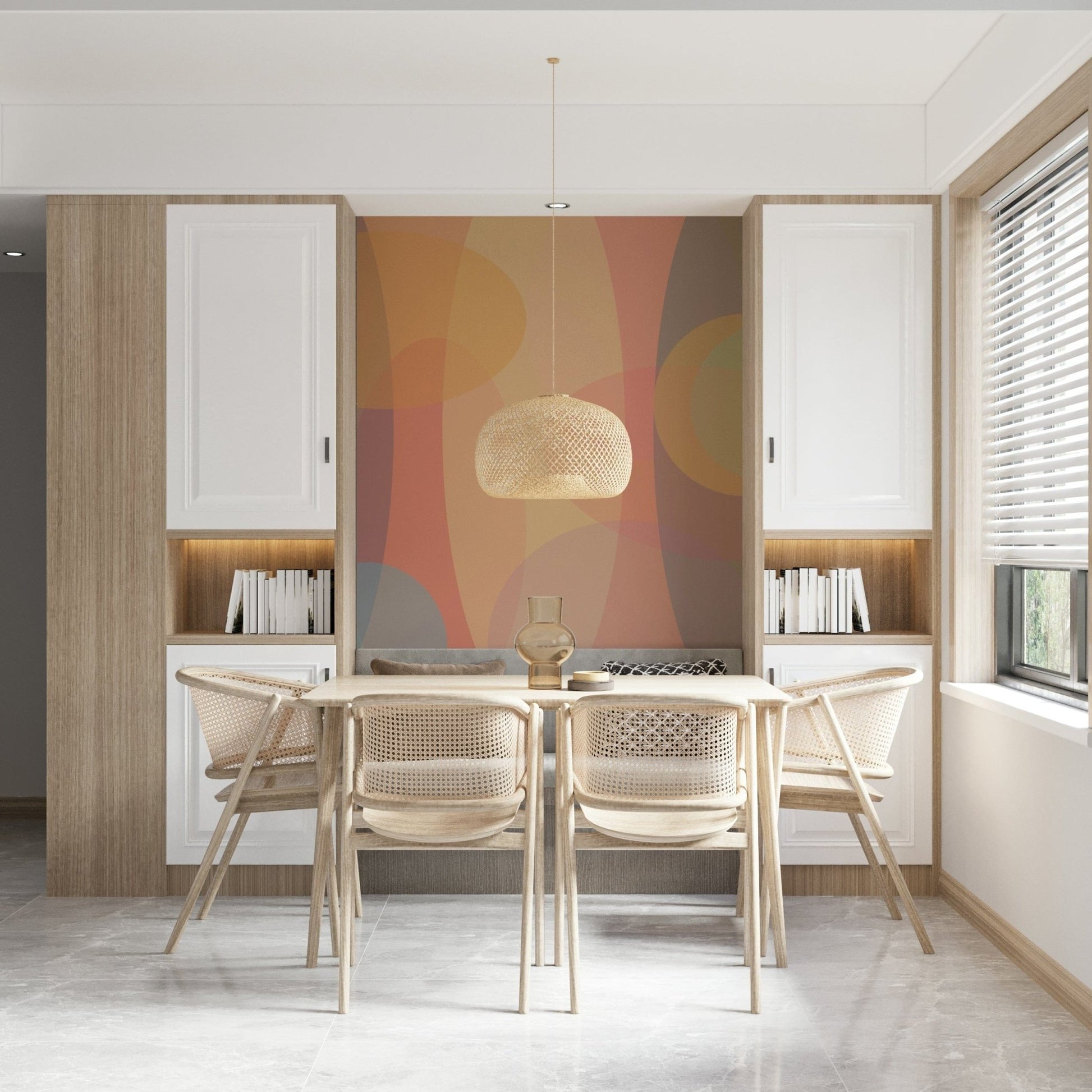 A modern pastel wallpaper featuring large, blended ellipse shapes in muted tones.