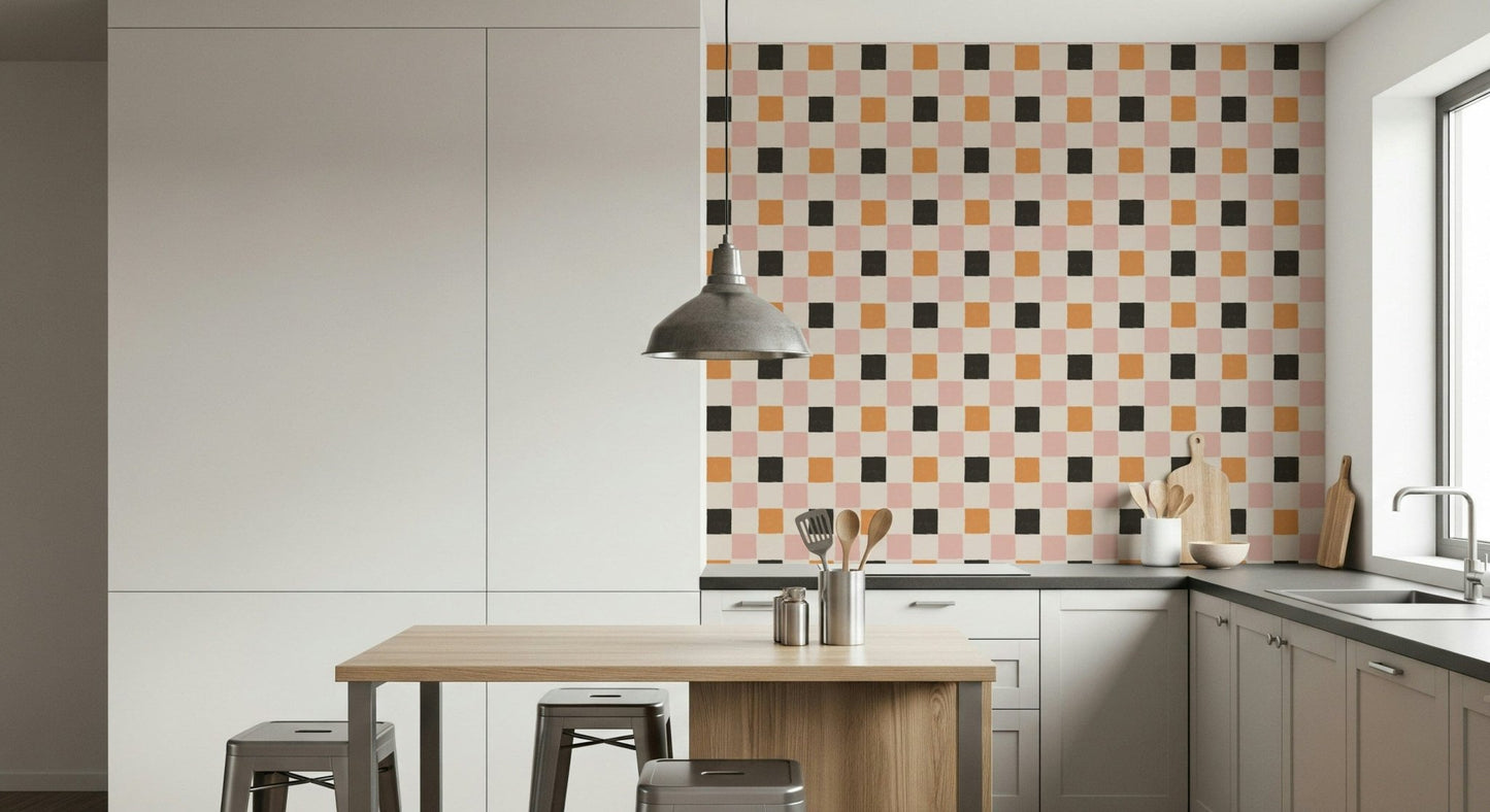 Cheerful block pattern with overlapping bold and pastel tones.