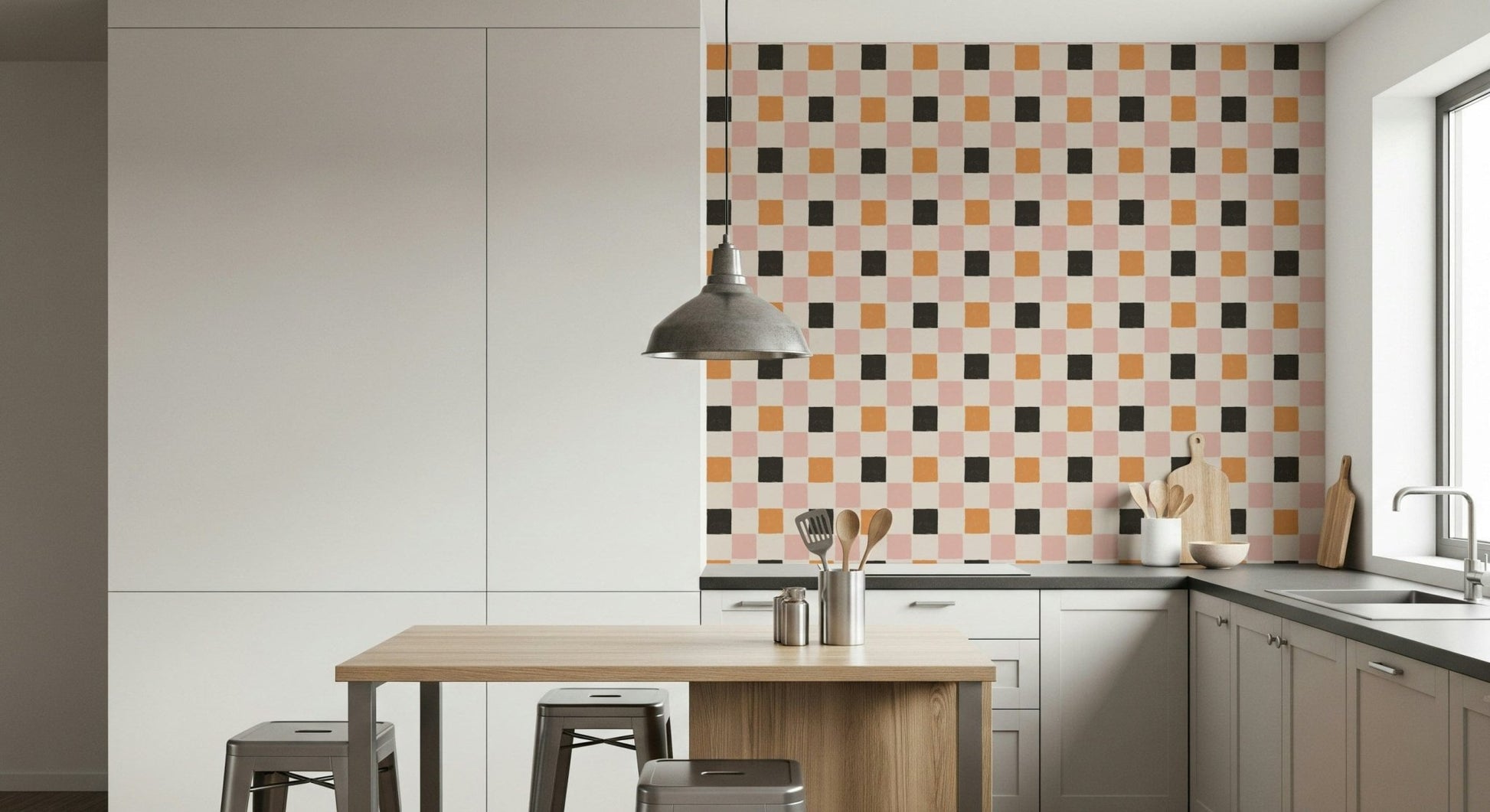 Cheerful block pattern with overlapping bold and pastel tones.