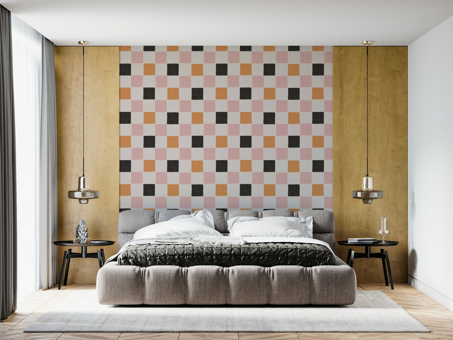 Colorful geometric blocks arranged in a lively, playful pattern.
