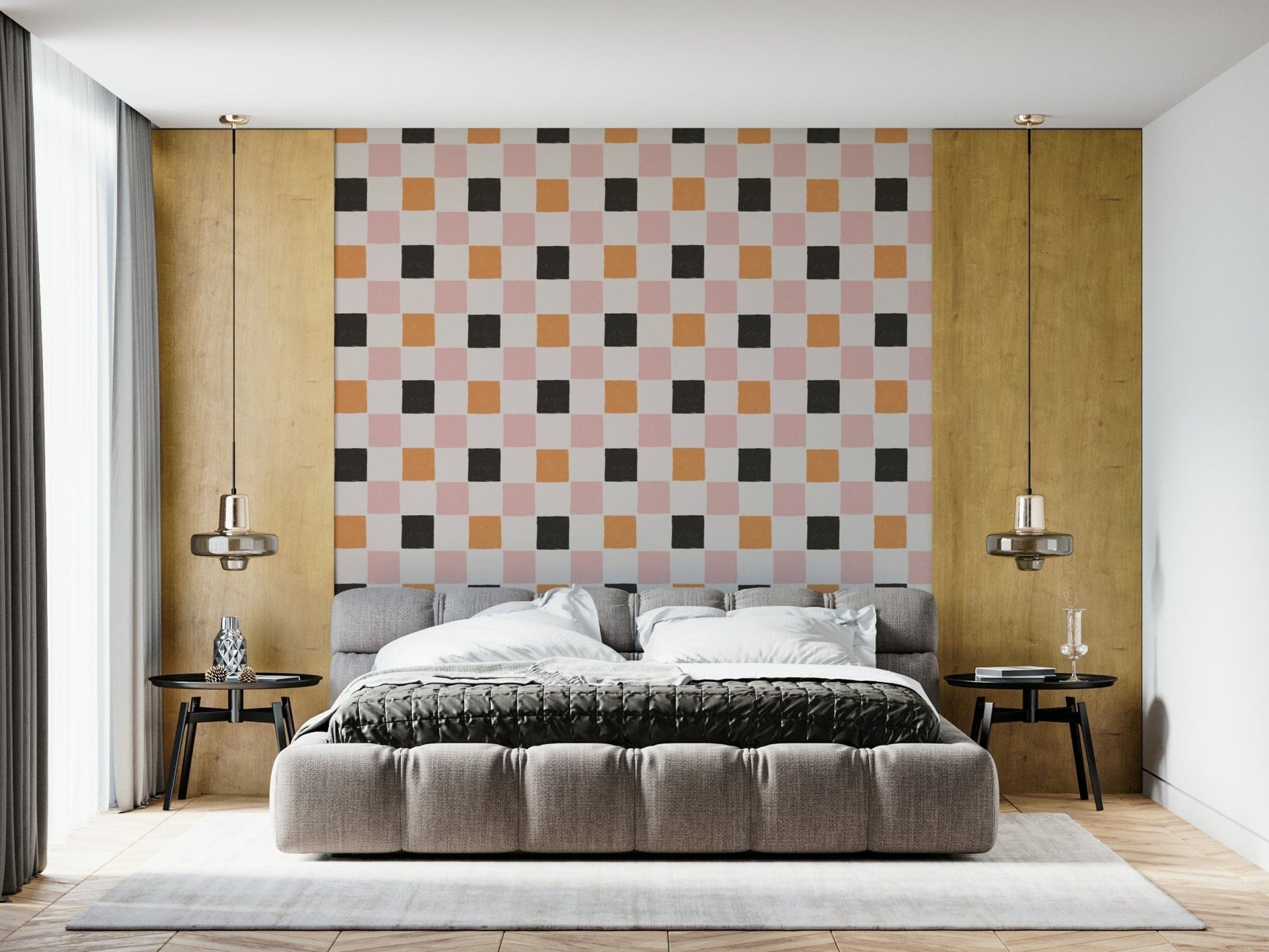 Colorful geometric blocks arranged in a lively, playful pattern.