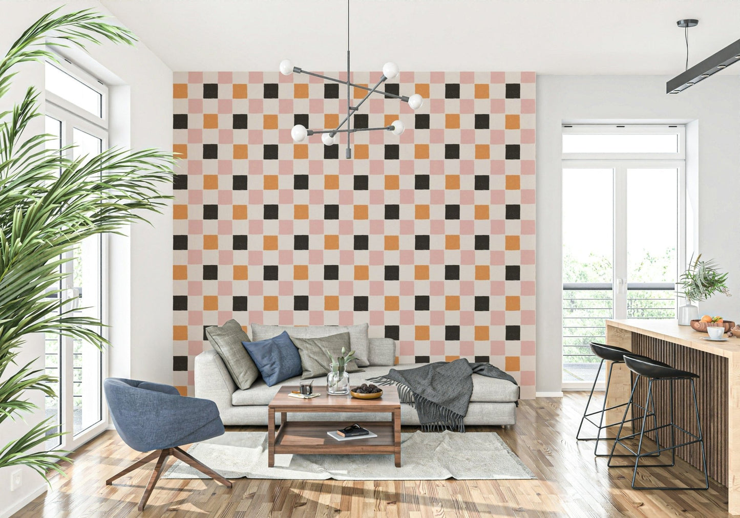 Abstract squares and rectangles forming a vibrant block party pattern.