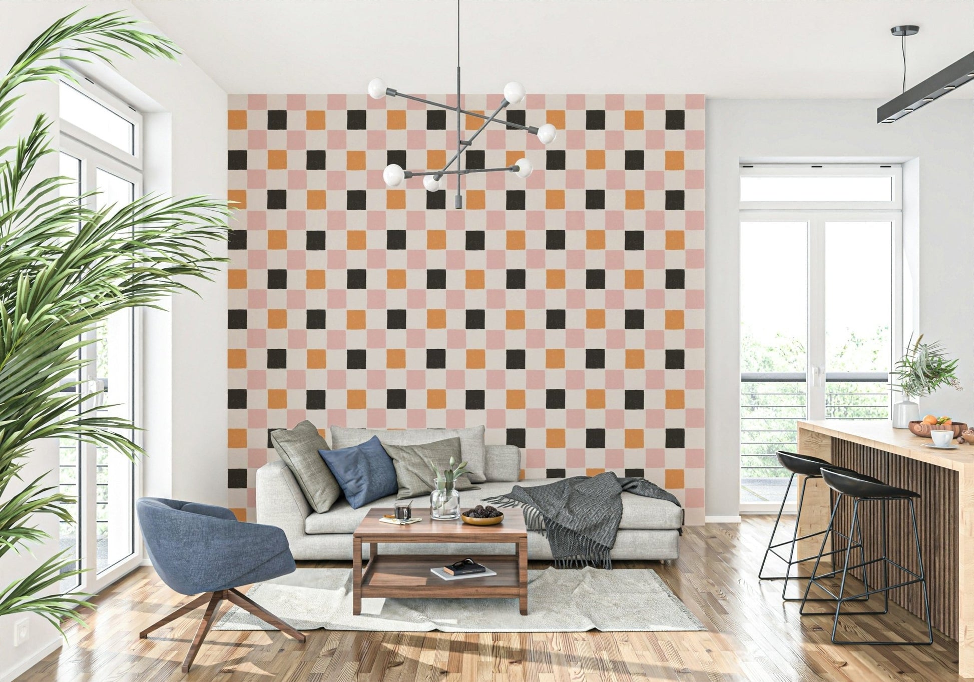 Abstract squares and rectangles forming a vibrant block party pattern.