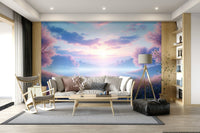 Bloom by the Lake wallpaper mural of a blossom lake at sunrise behind a cream sofa and wooden rocking chair