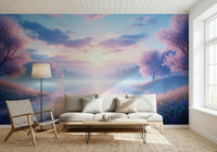 Bloom by the Lake wallpaper mural of cherry blossoms by a calm lake behind a white sofa and woven armchair