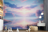Bloom by the Lake wallpaper mural of a pastel blossom lake behind a white nightstand and plush toys in a nursery