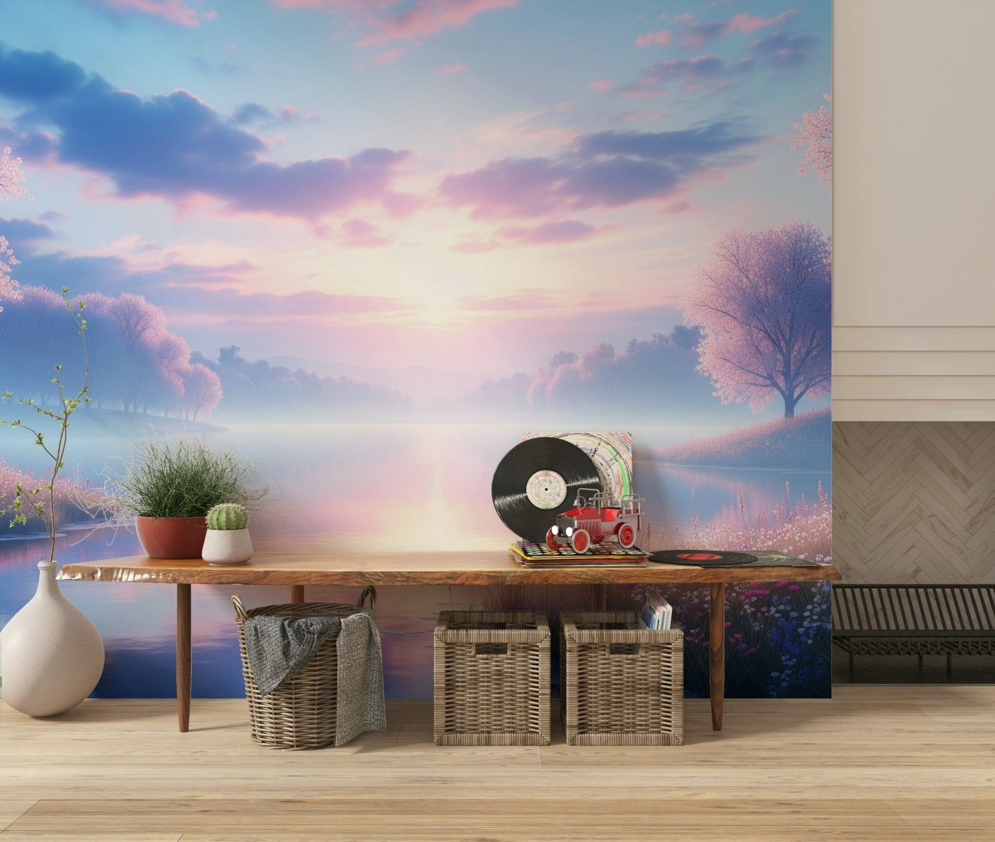 Bloom by the Lake wallpaper mural of a pink blossom lake behind a wooden bench with vinyl records in an entryway