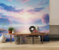 Bloom by the Lake wallpaper mural of a pink blossom lake behind a wooden bench with vinyl records in an entryway