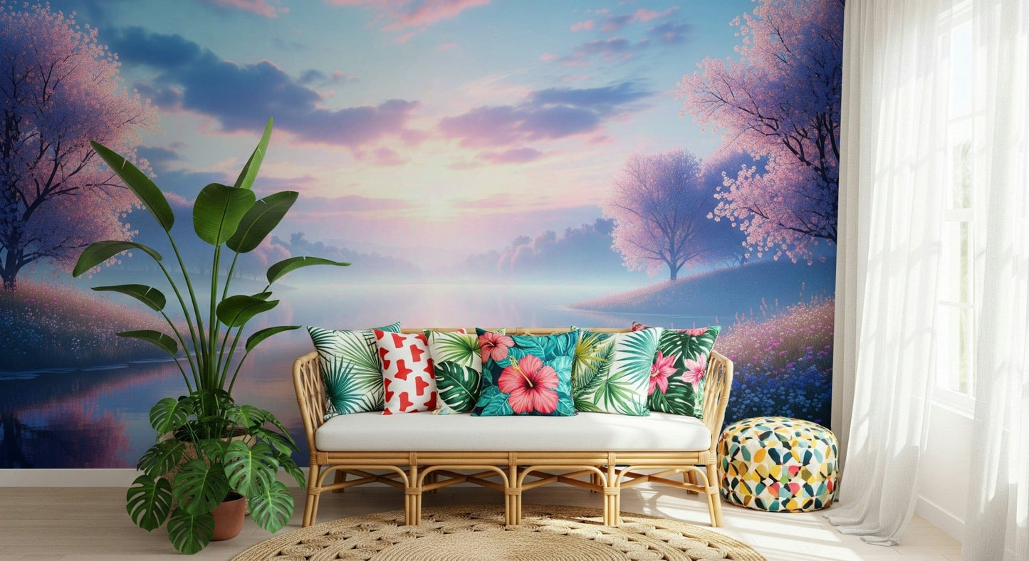 Bloom by the Lake wallpaper mural of pink blossoms by a lake behind a rattan bench with tropical-print pillows