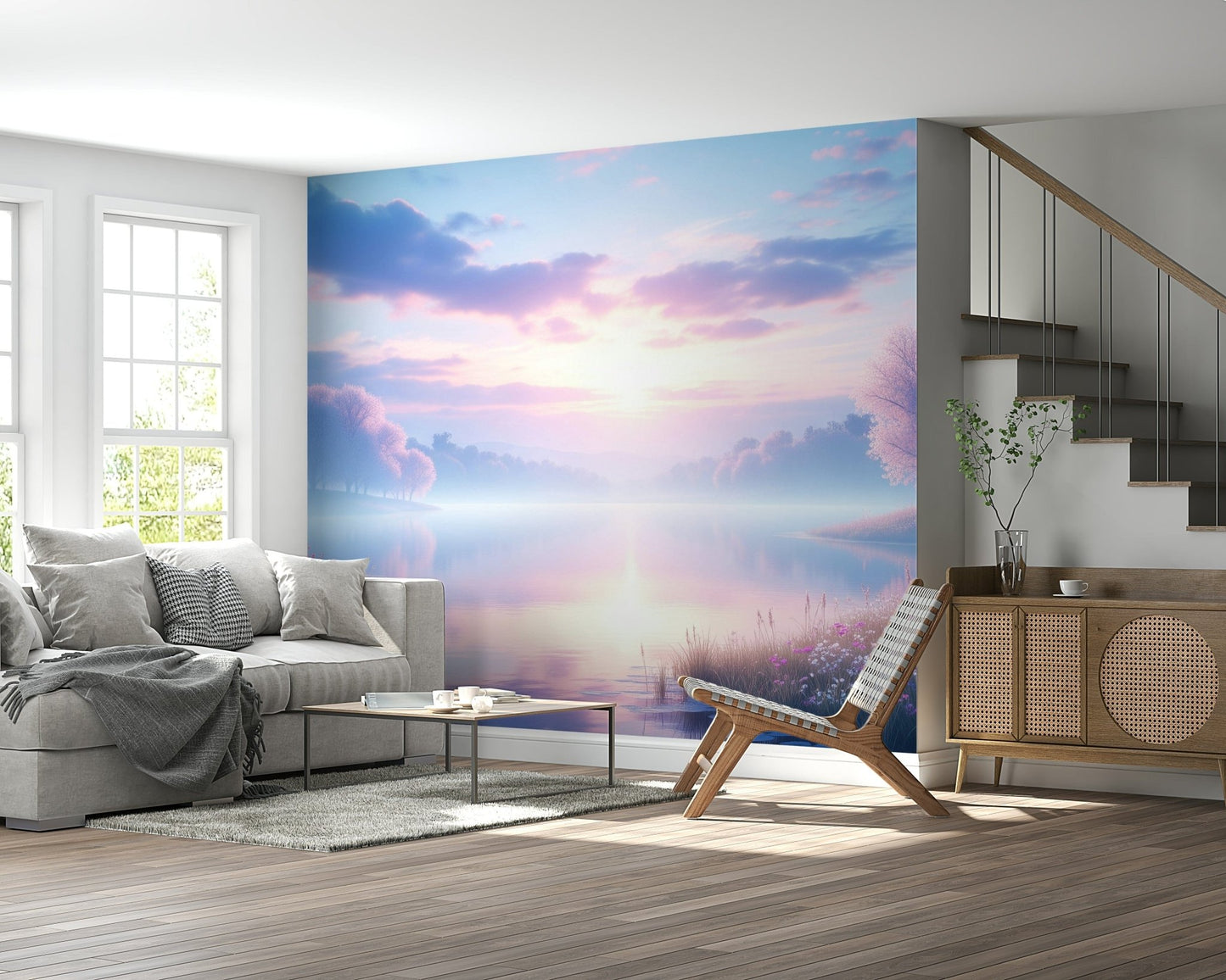 Bloom by the Lake wallpaper mural of a pink blossom lake at dawn behind a grey sofa and rattan sideboard