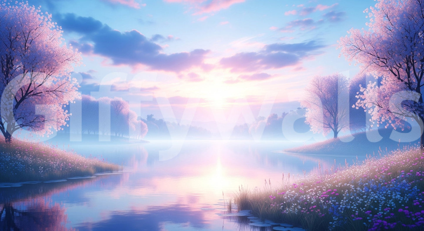 Bloom by the Lake wallpaper mural shown full-wall, pink cherry blossoms framing a glowing pastel lake at sunrise