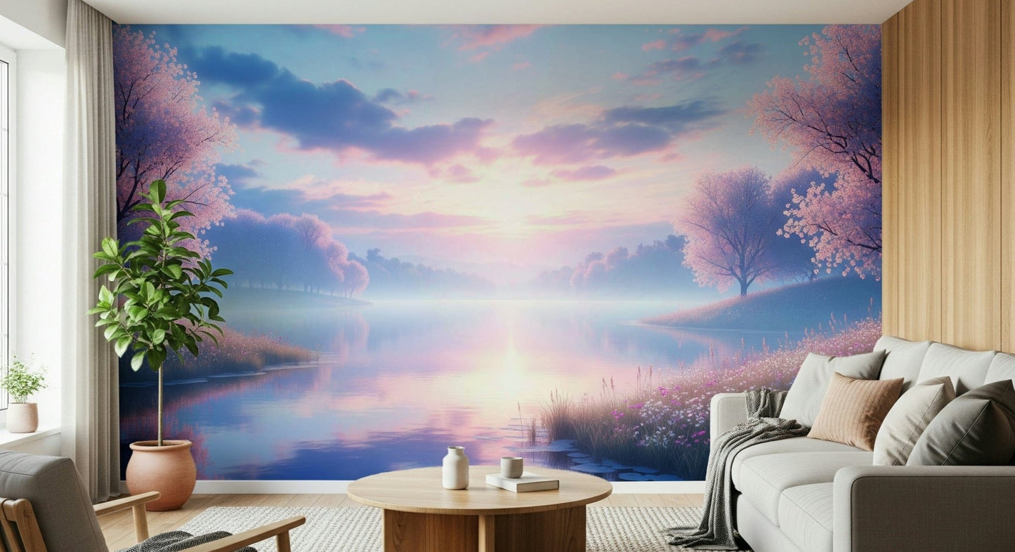 Bloom by the Lake wallpaper mural of pink blossom trees and a pastel sunrise lake behind a white sofa in a living room