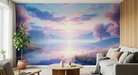 Bloom by the Lake wallpaper mural of pink blossom trees and a pastel sunrise lake behind a white sofa in a living room