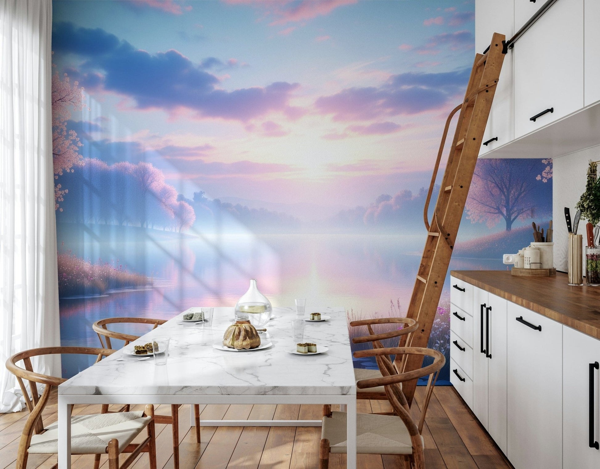 Bloom by the Lake wallpaper mural of a pastel blossom lake behind a white marble dining table in a bright kitchen