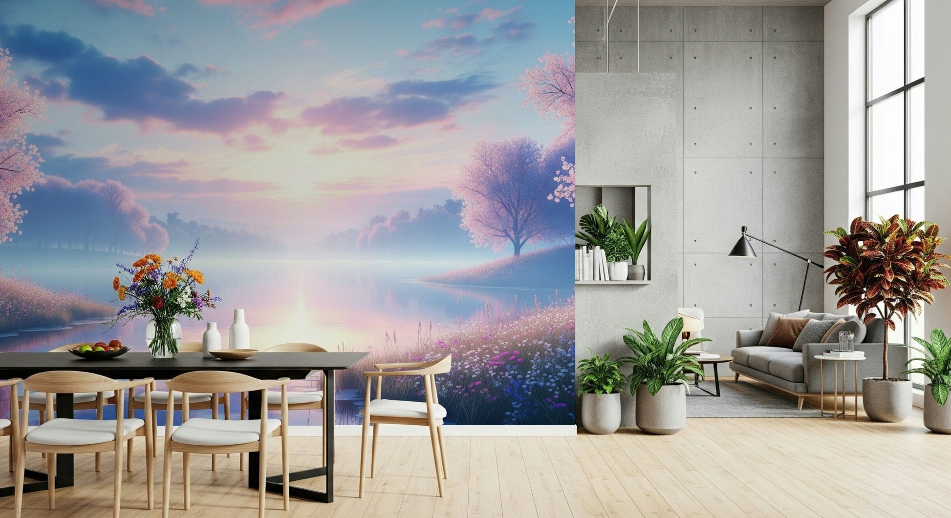 Bloom by the Lake wallpaper mural of a pastel blossom lake behind a black dining table and wood chairs