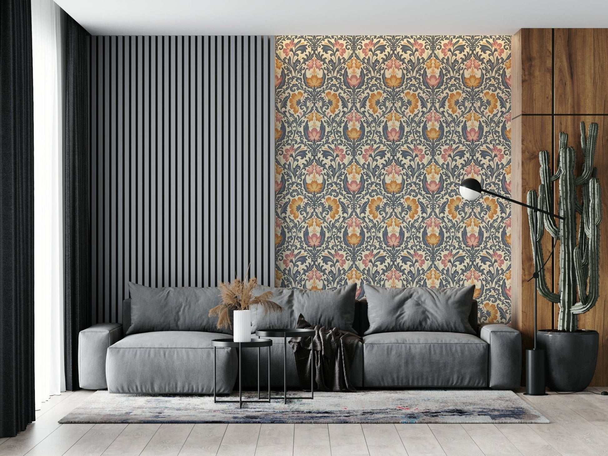 Intricate Bloom Damask wall mural, classic symmetrical design, creamy background.