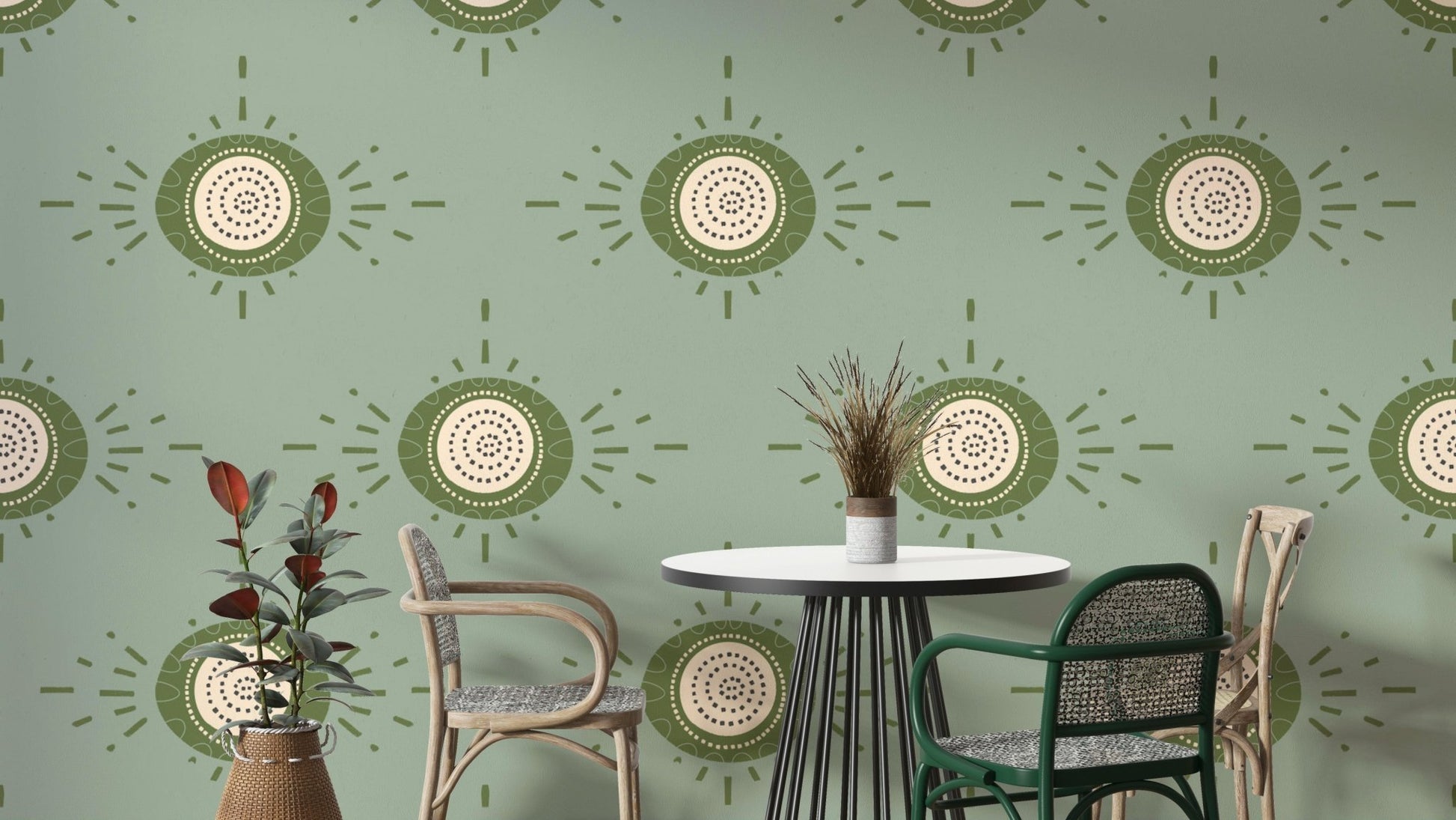 Bloom Light Sage Olive Wallpaper with geometric floral motifs

