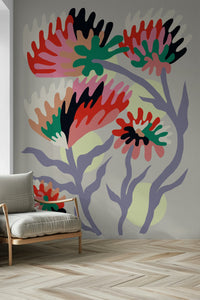 A calming floral design wallpaper mural that defines a space.