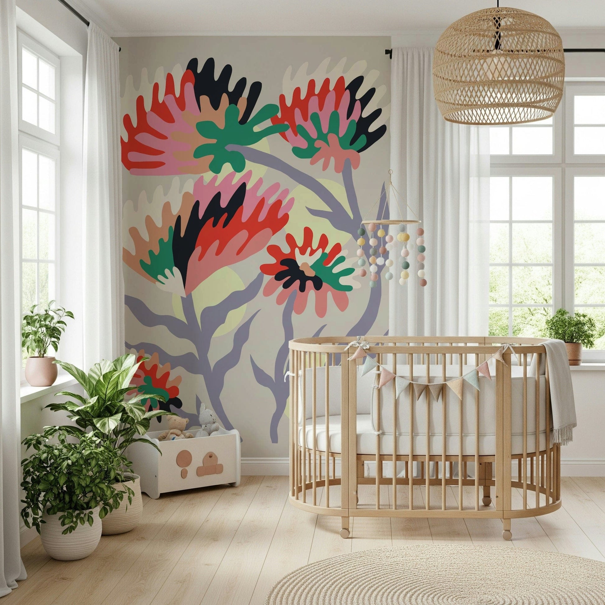 A beautiful modern art wall mural of delicate flowers.