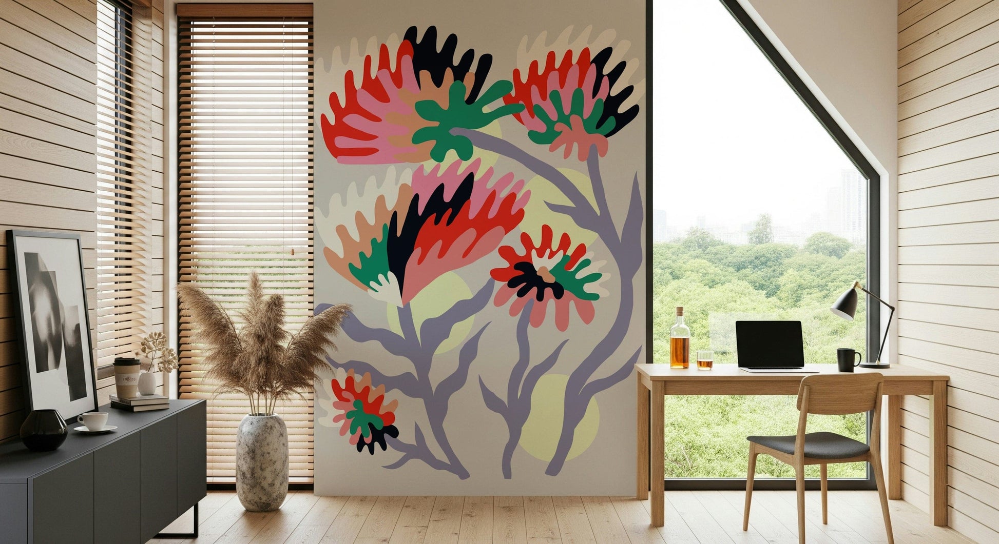 A graceful subtle flower wall mural in soft, elegant tones.