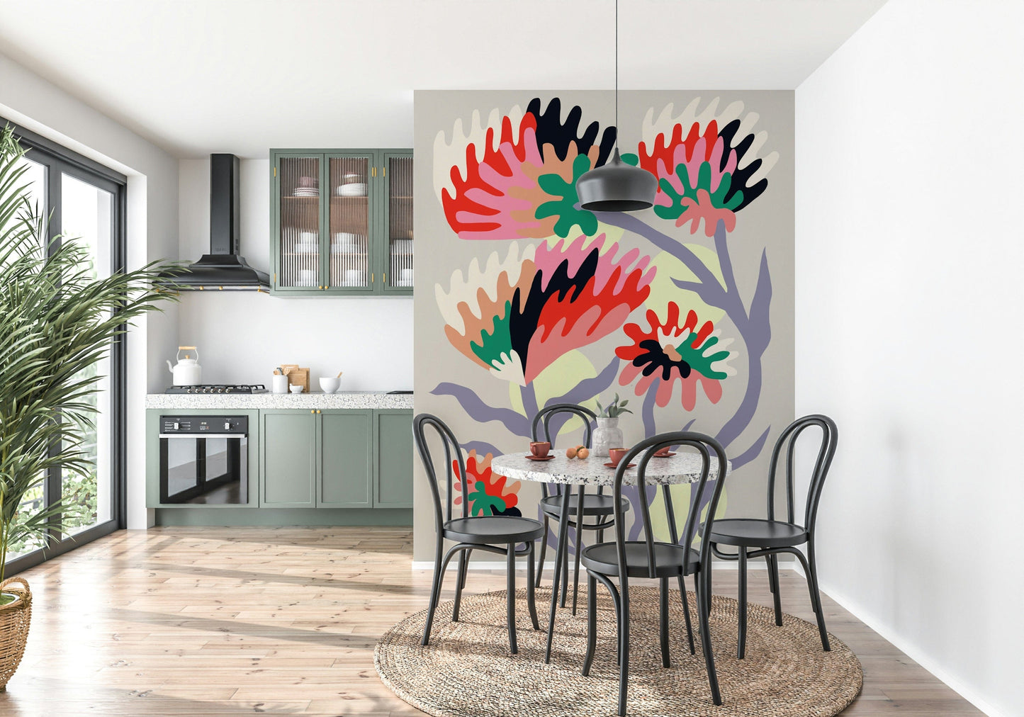 A contemplative floral pattern wallpaper mural for a feature wall.