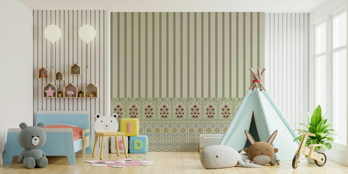 Green wallpaper wall mural with delicate bloom stripe border