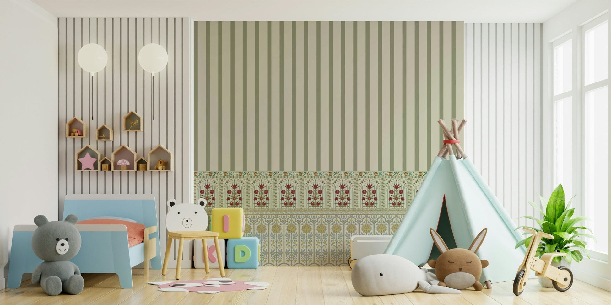 Green wallpaper wall mural with delicate bloom stripe border