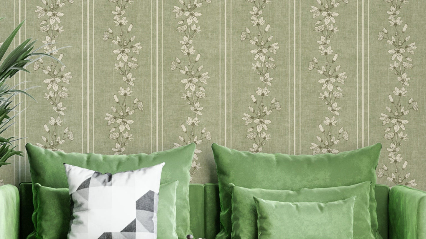 Sage green floral wallpaper with stripe pattern

