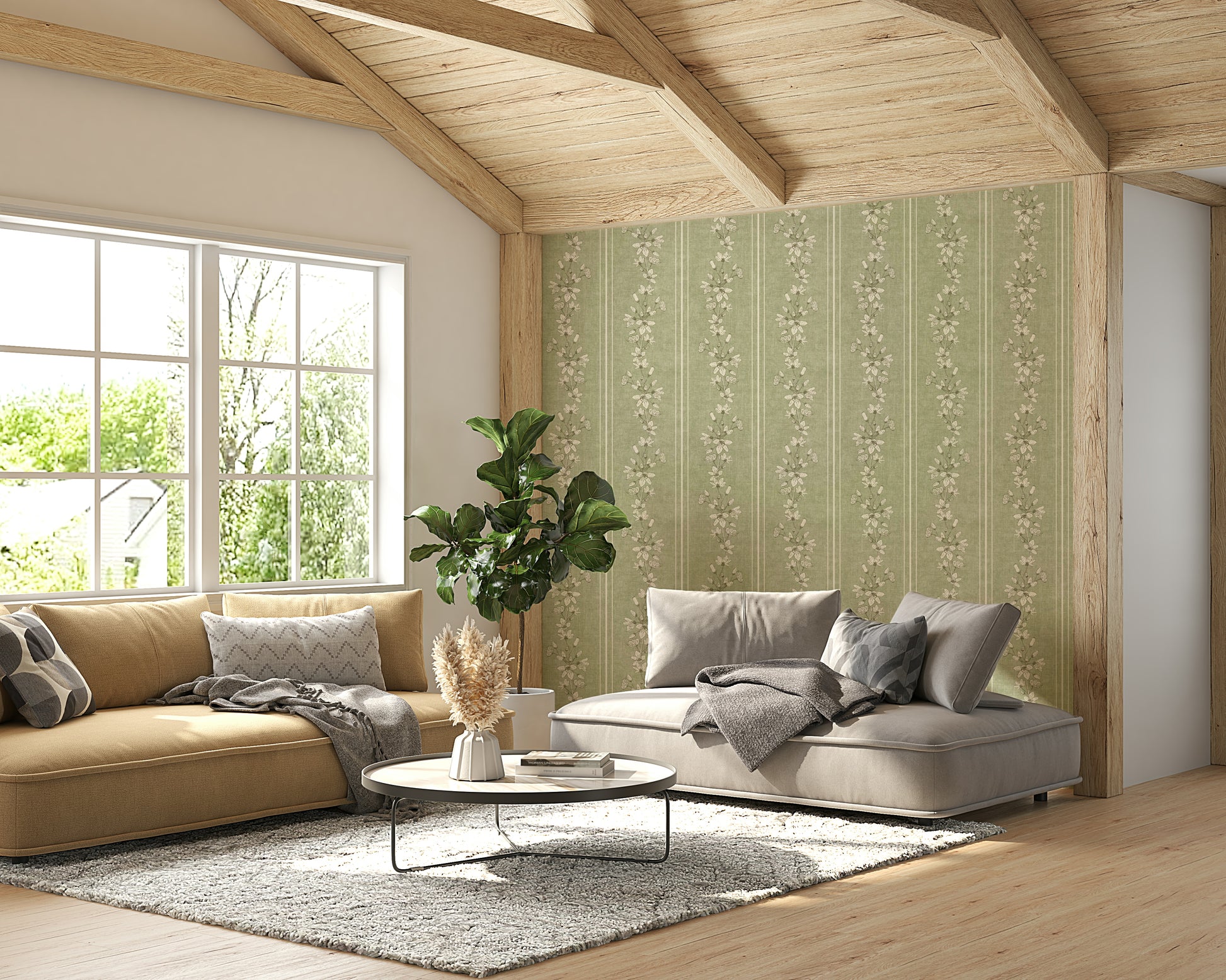 Elegant floral and stripe wall design in sage

