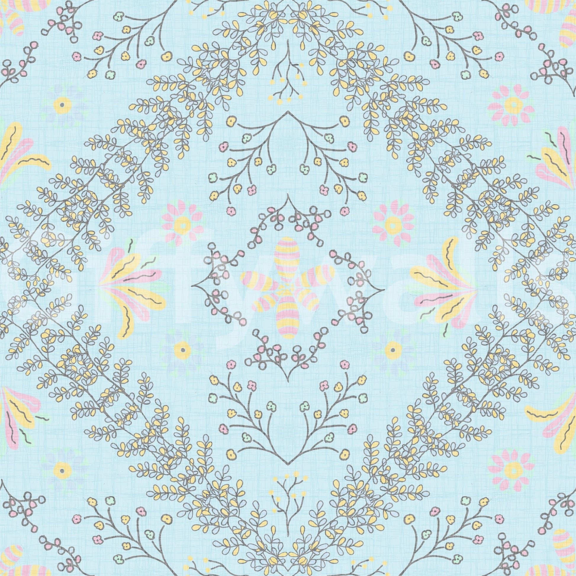 botanical motifs on a blue background

