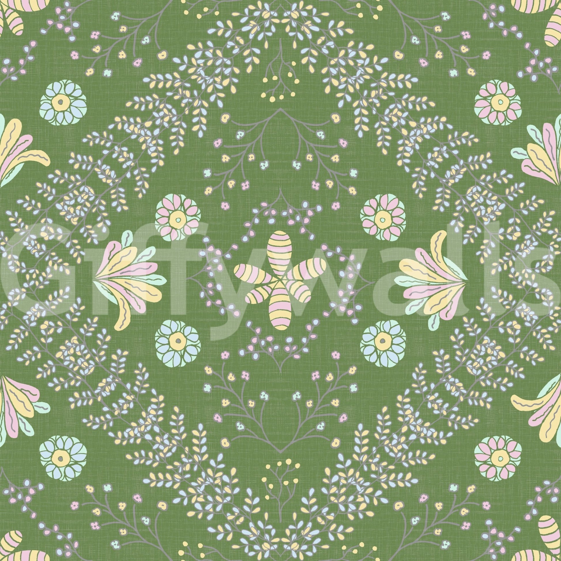 botanical motifs on a green background

