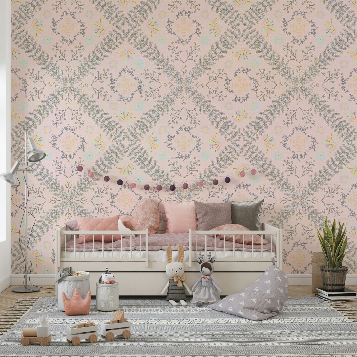 pink wallpaper with a floral pattern

